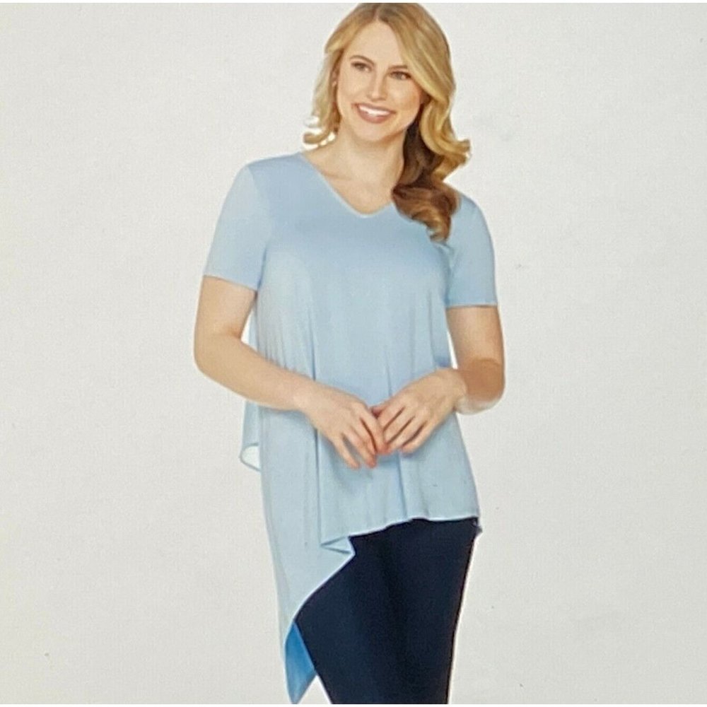 Lisa Rinna Collection V-Neck Top w/Chiffon Back Detail-Blue-L-NEW Short Sleeve